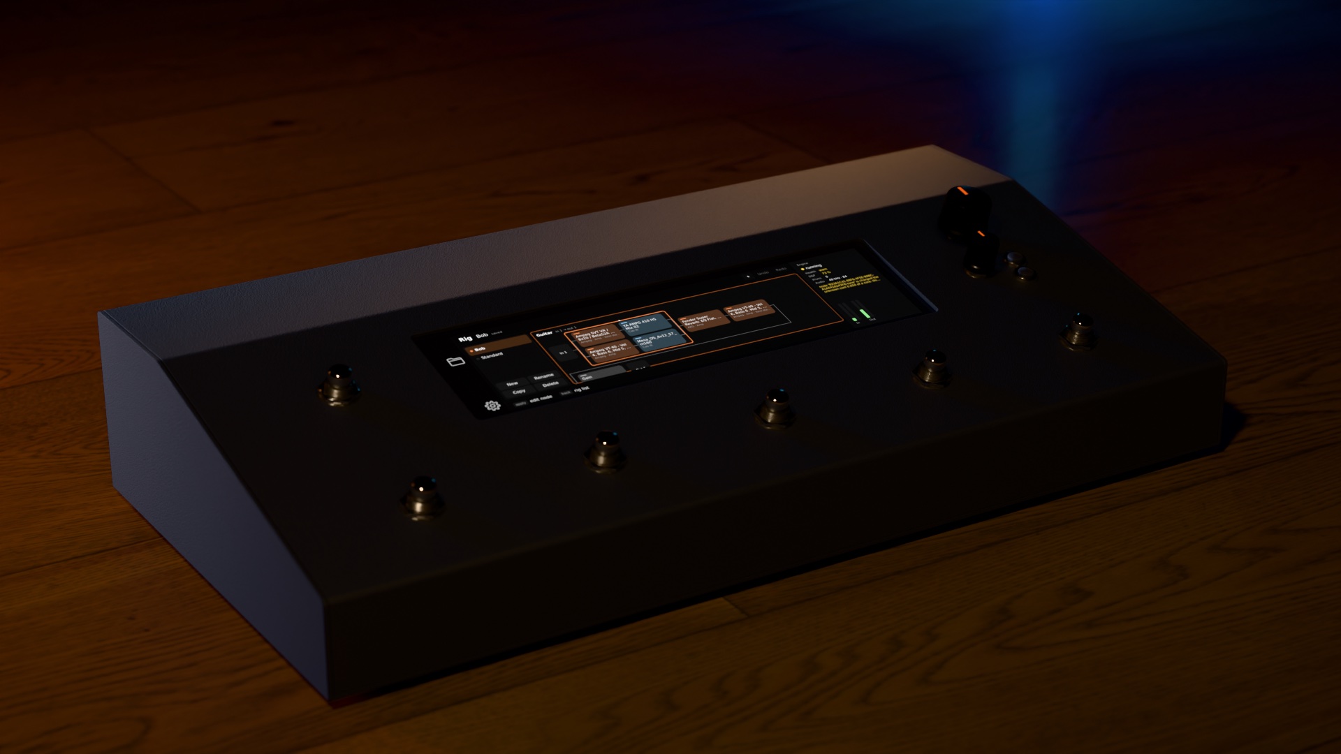 Design render of the pedal: a black sloped console with a wide touchscreen above a row of five footswitches.